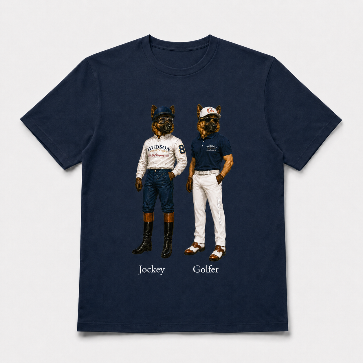 Navy blue t-shirt with illustrations of a jockey and golfer on a white background