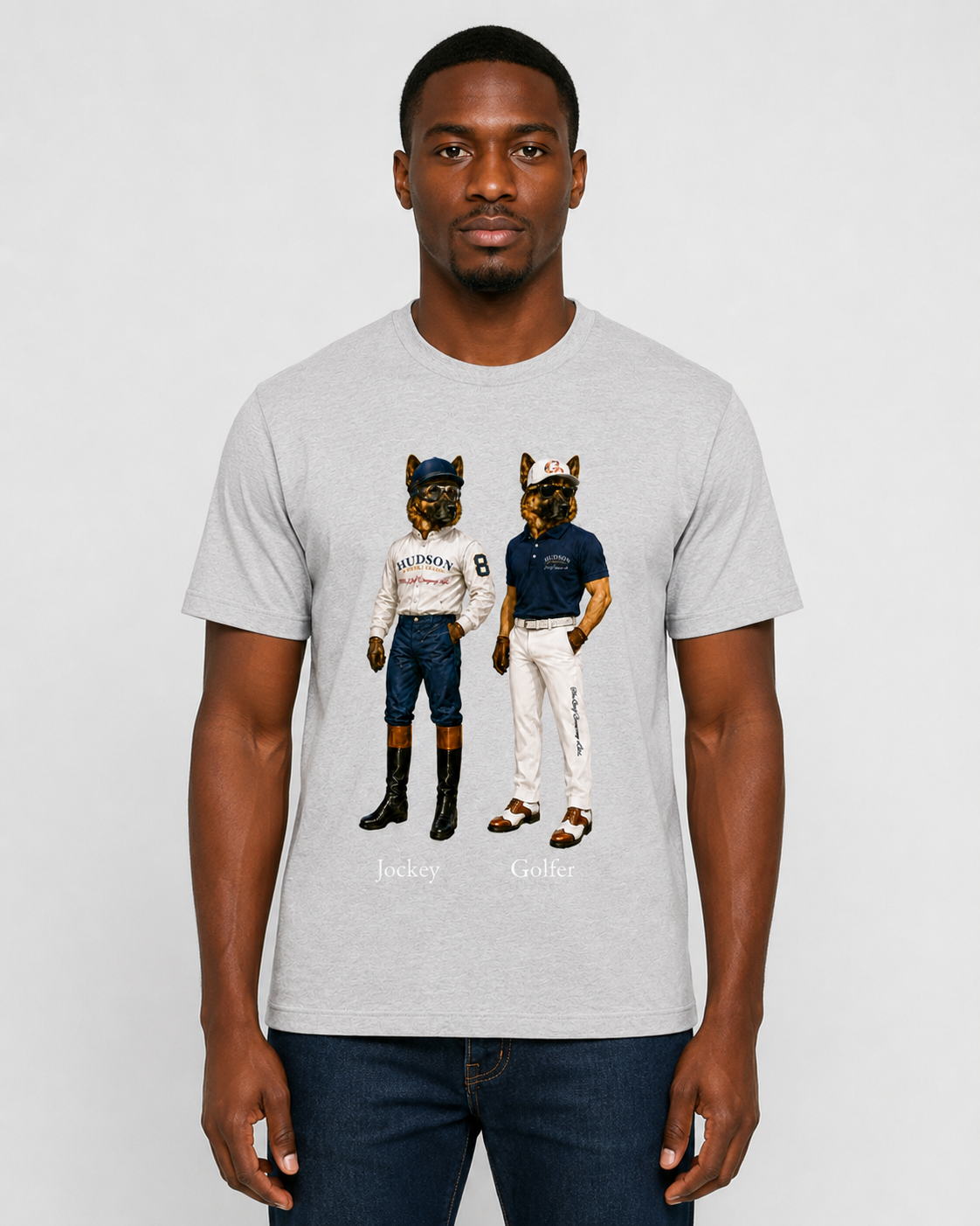 Man wearing a gray t-shirt with dog illustrations and text on a white background