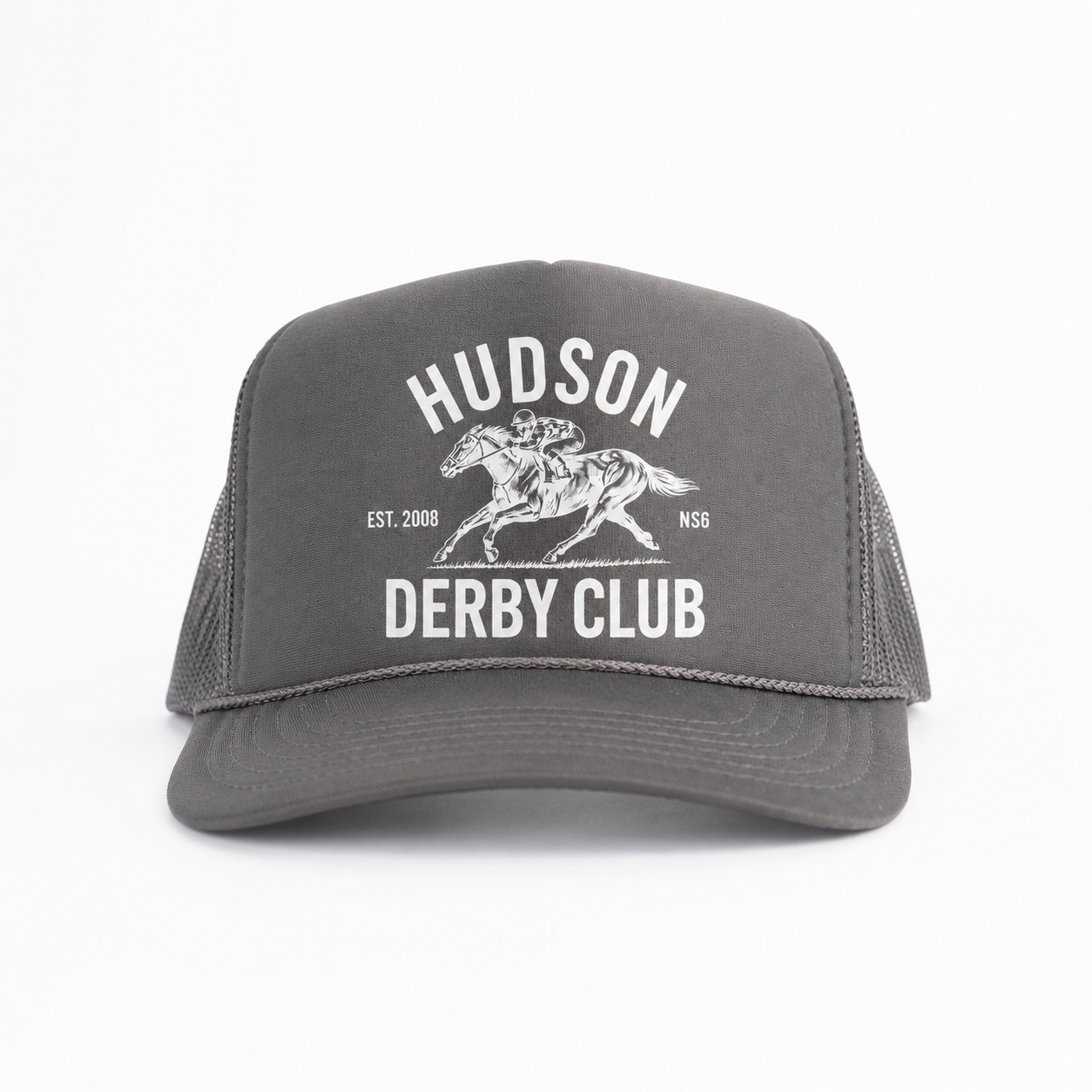 Hudson Derby Club gray trucker cap front view with white horse-and-jockey artwork by The Golf Company Ltd.