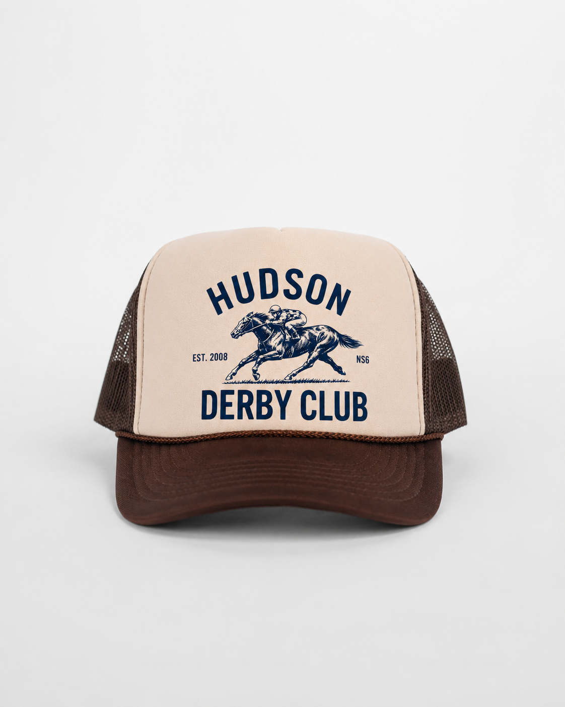Hudson Derby Club cream and brown trucker cap front view with navy horse-and-jockey artwork by The Golf Company Ltd.