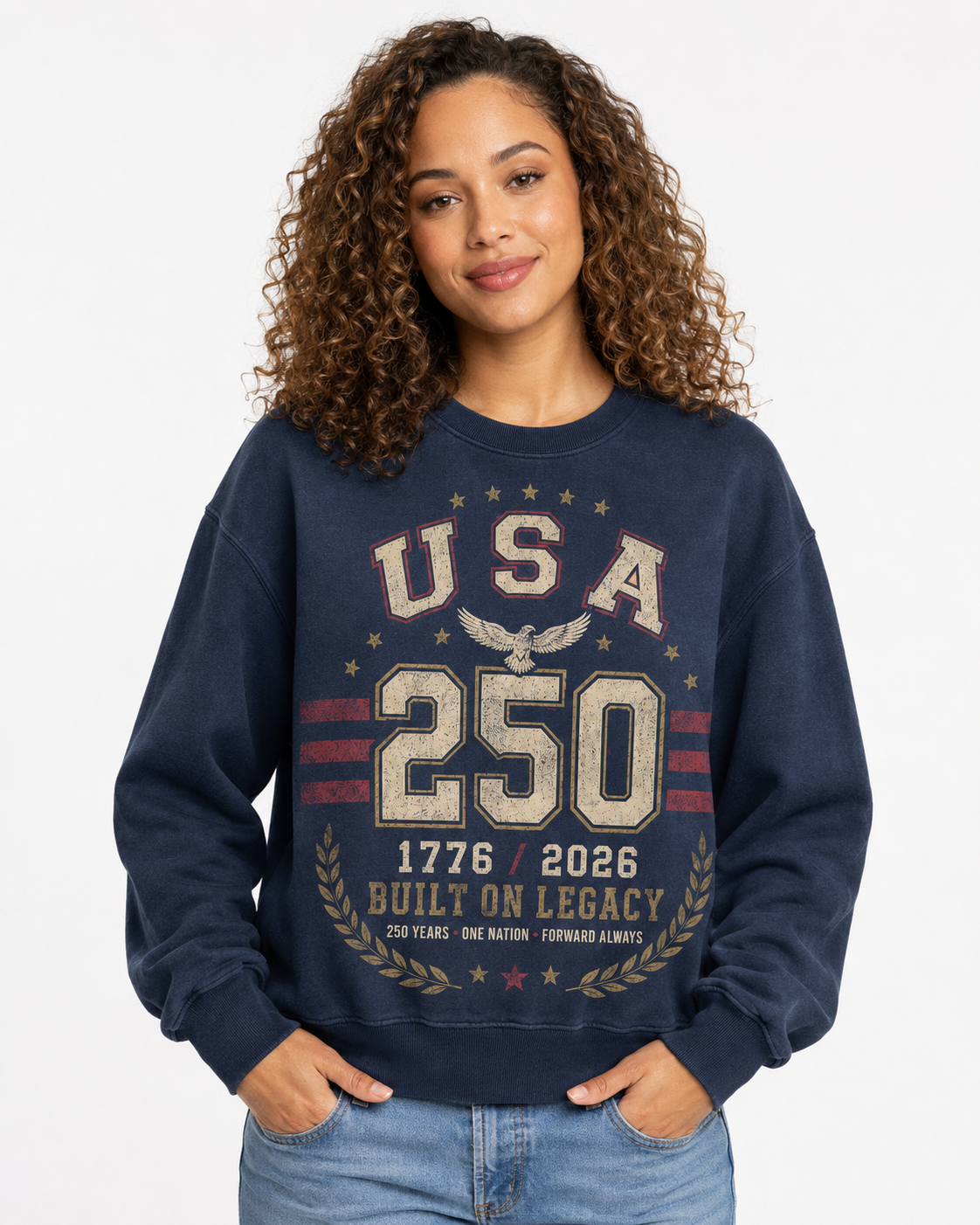 Vintage navy heavyweight USA 250 crewneck sweatshirt with distressed USA lettering, eagle artwork, 250 graphic, 1776 / 2026 detail, red stripes, and Built On Legacy text.