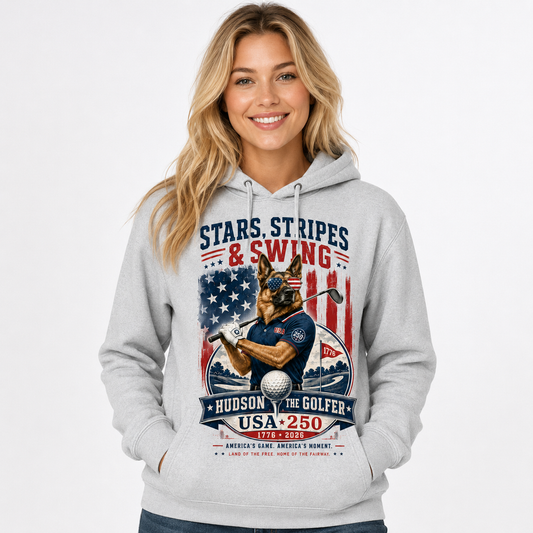 Heather grey Hudson the Golfer Stars, Stripes & Swing hoodie shown front with patriotic golf artwork, USA 250 back graphic, and 250 right-sleeve detail.
