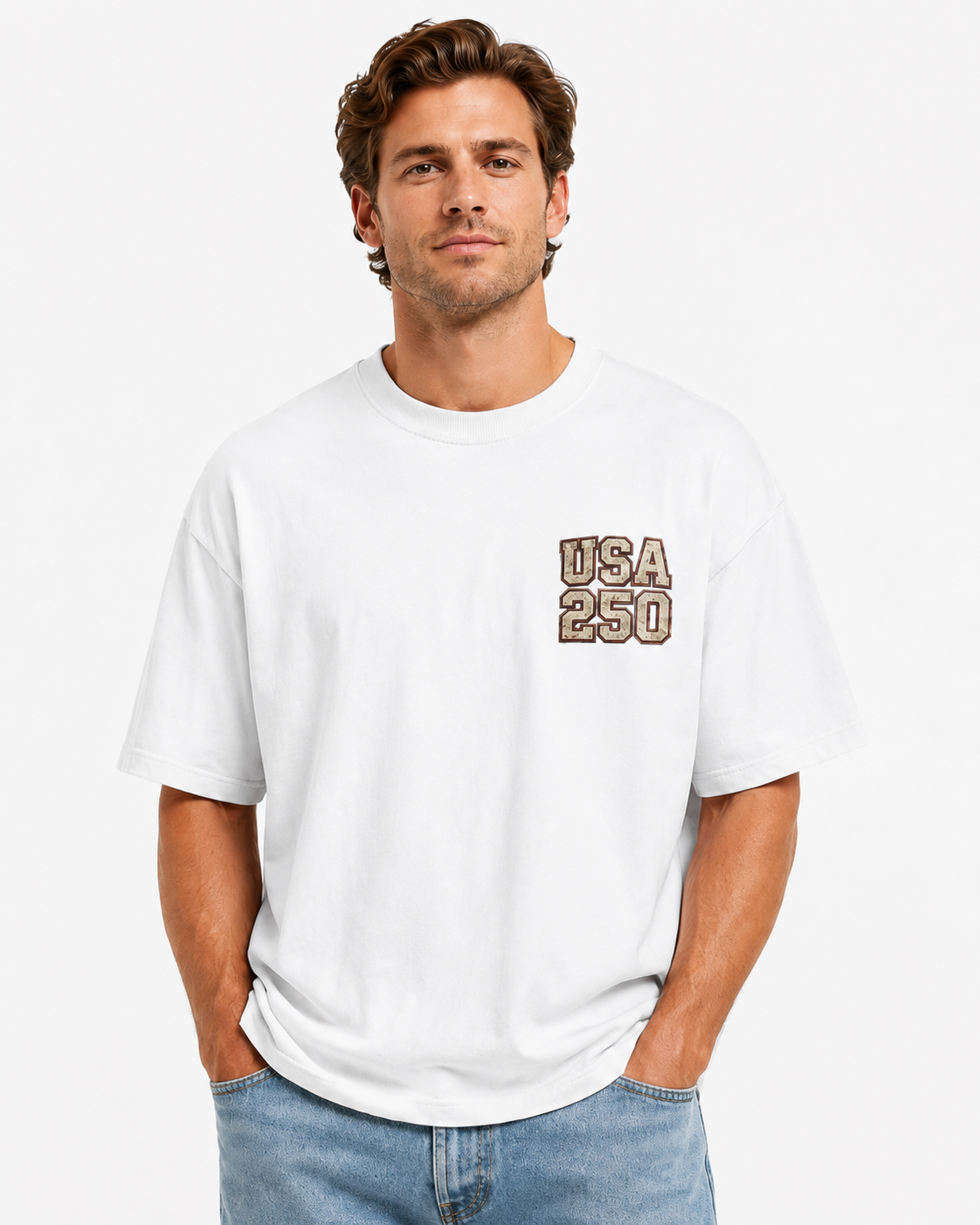 Male model wearing a white USA 250 heavyweight tee with a small distressed USA 250 graphic on the left chest.