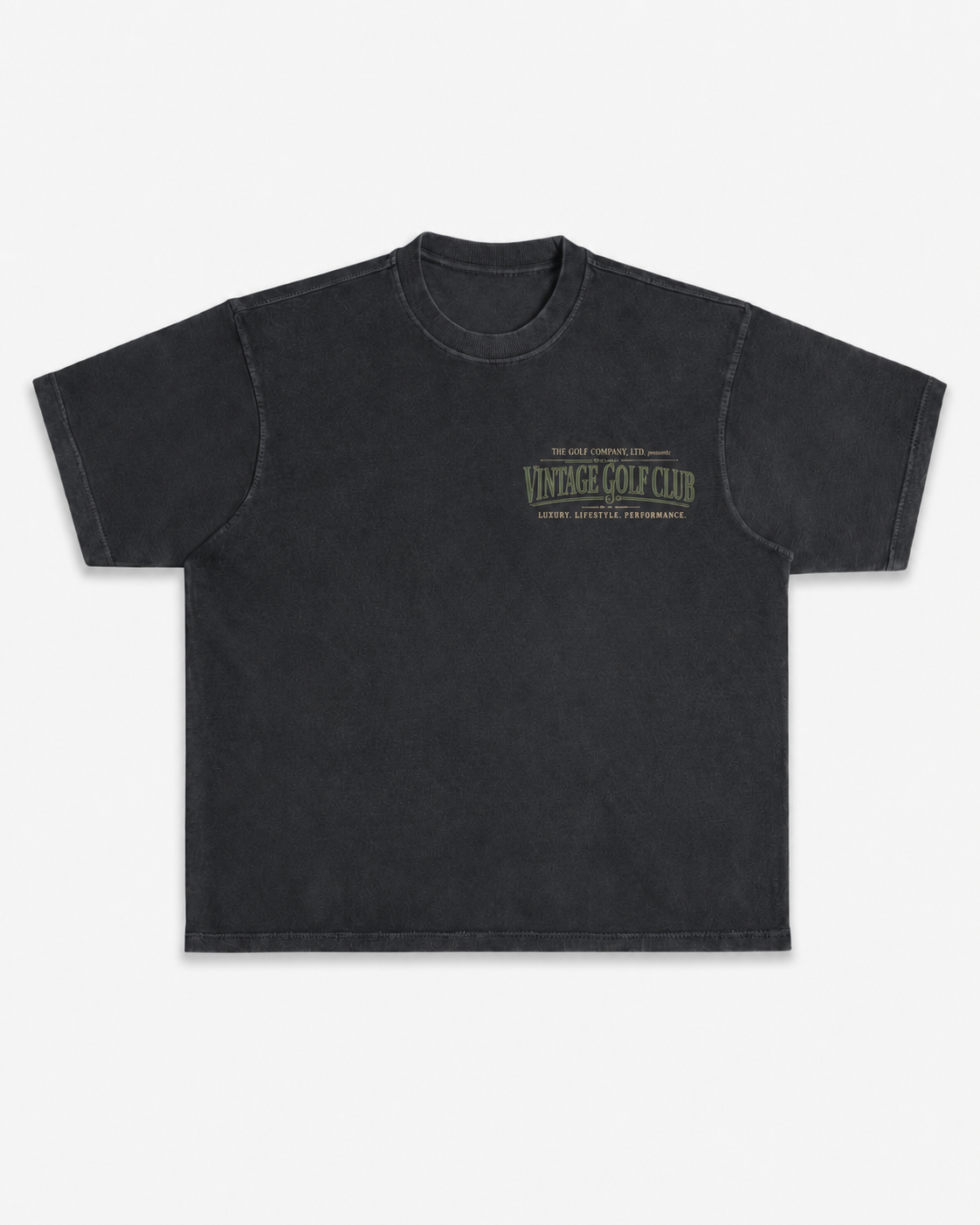 Pigment black heavyweight tee with small left-chest Vintage Golf Club graphic.
