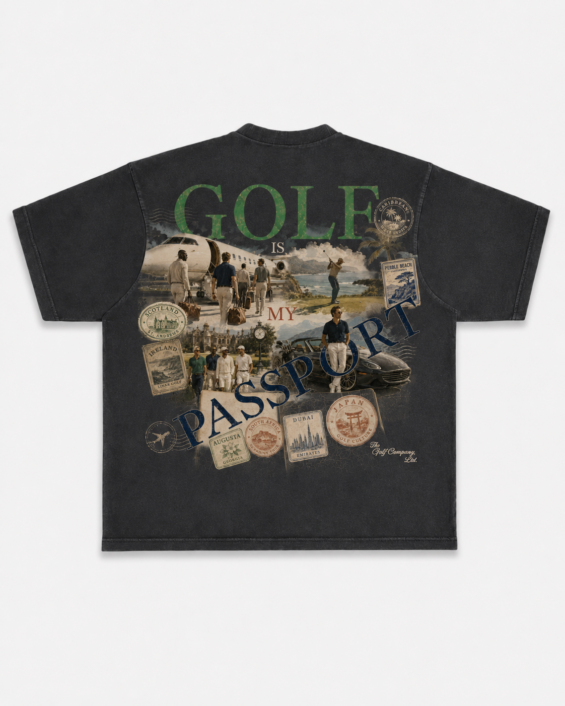 Pigment black heavyweight tee with large Golf Is My Passport vintage travel collage graphic featuring golf destinations, passport stamps, private jet travel, and luxury golf scenes.