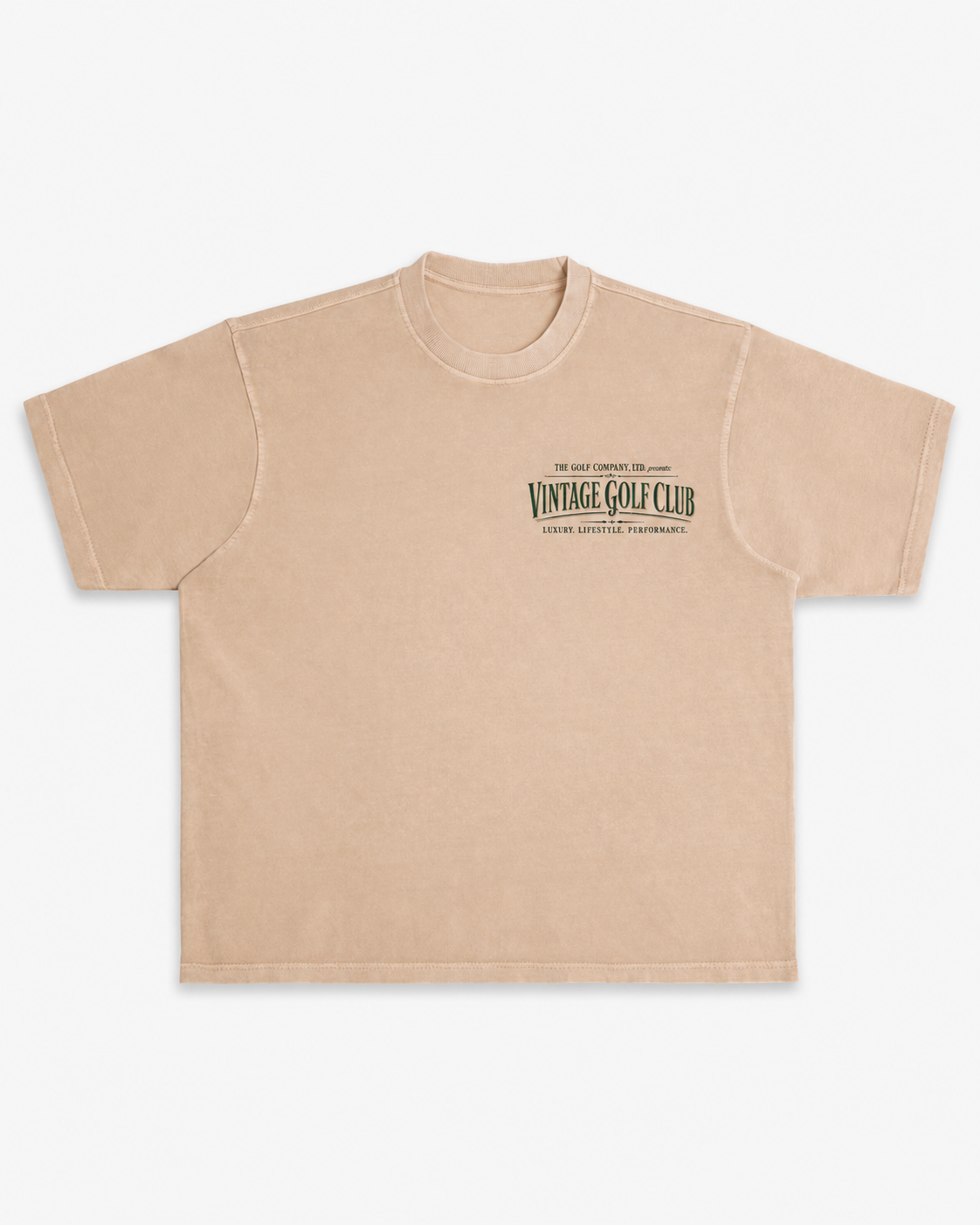 Vintage sand heavyweight tee with small left-chest Vintage Golf Club graphic.