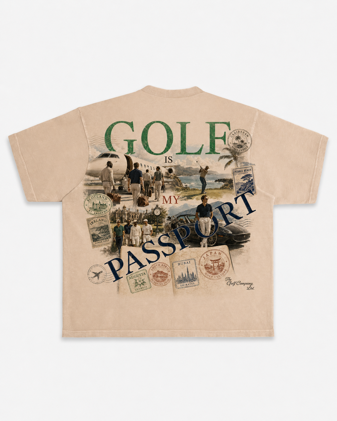 Vintage sand heavyweight tee with large Golf Is My Passport vintage travel collage graphic featuring golf destinations, passport stamps, private jet travel, and luxury golf scenes.