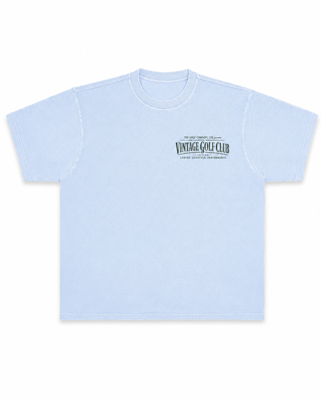 Light blue heavyweight tee with small left-chest Vintage Golf Club graphic.