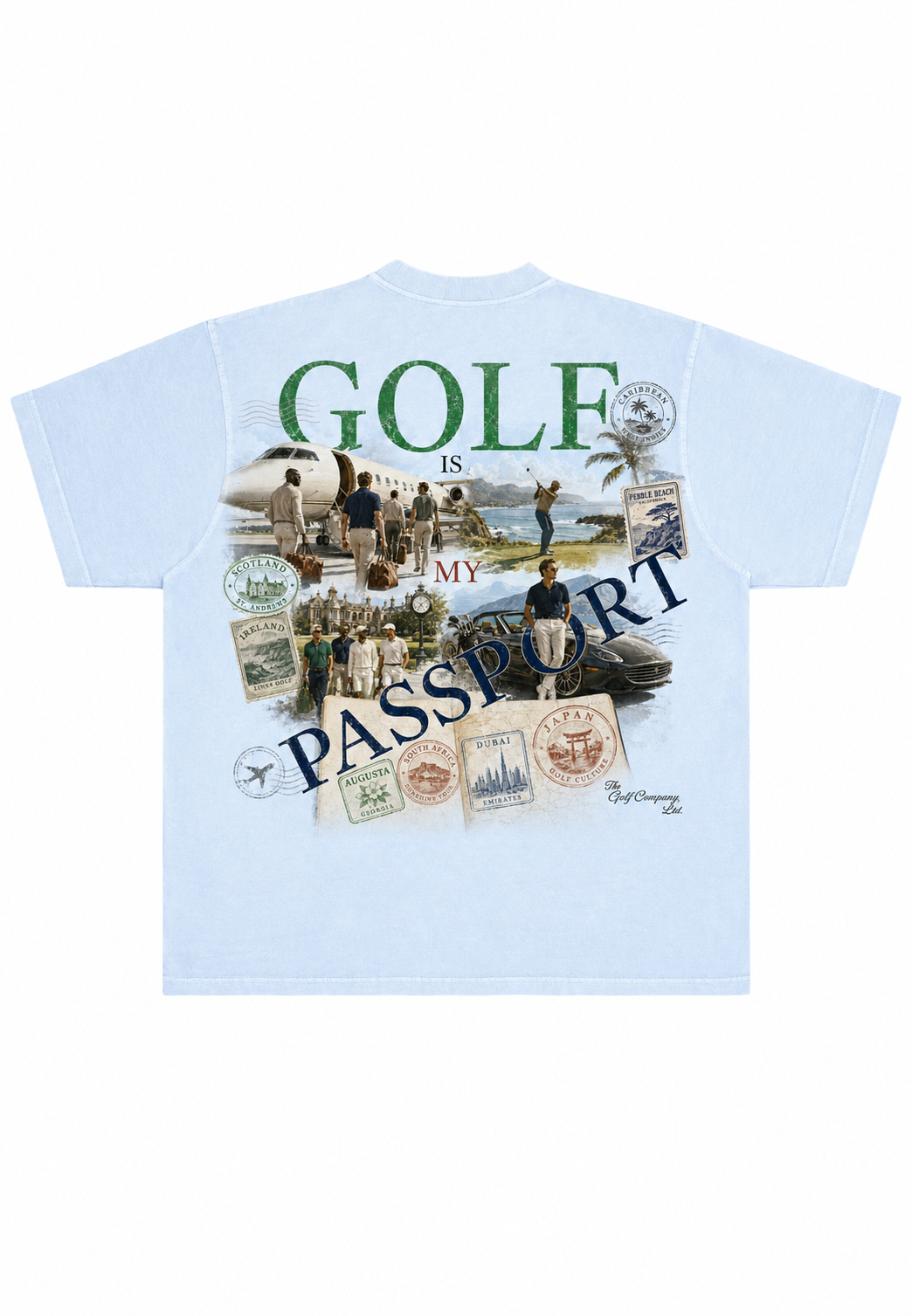 Light blue heavyweight tee with large Golf Is My Passport vintage travel collage graphic featuring golf destinations, passport stamps, private jet travel, and luxury golf scenes.
