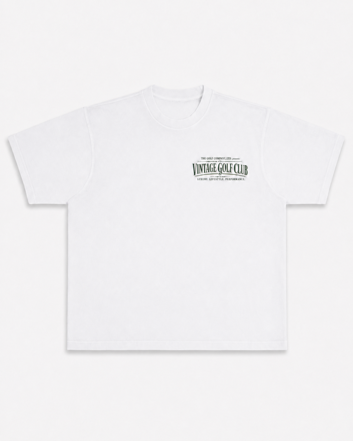 White heavyweight tee with small left-chest Vintage Golf Club graphic.