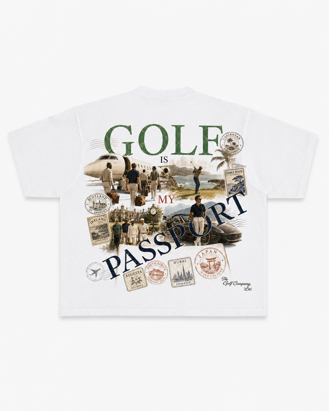 White heavyweight tee with large Golf Is My Passport vintage travel collage graphic featuring golf destinations, passport stamps, private jet travel, and luxury golf scenes.