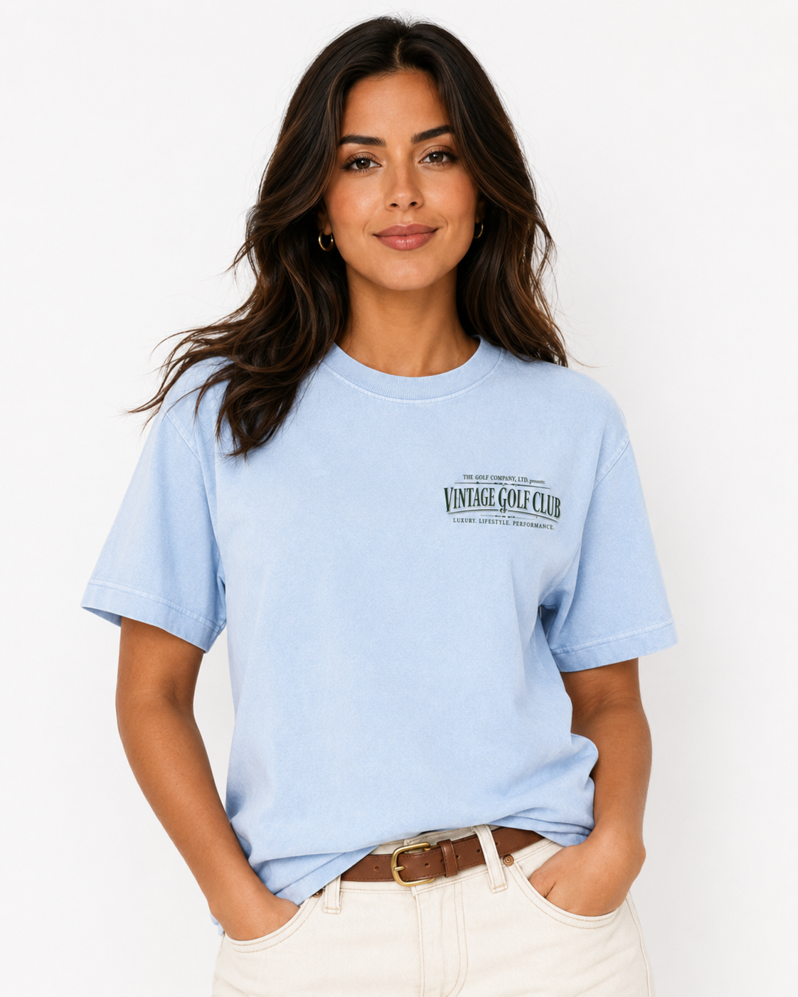 Light blue heavyweight tee with small left-chest Vintage Golf Club graphic.