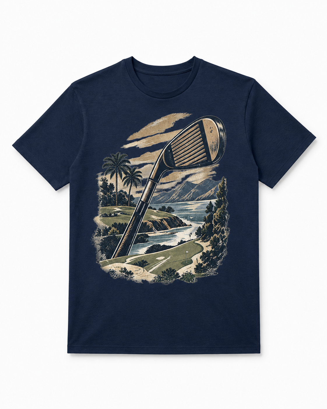 A navy blue short-sleeve crewneck t-shirt featuring a large vintage-style graphic print of a golf iron head over a scenic coastal landscape with palm trees, mountains, and water.