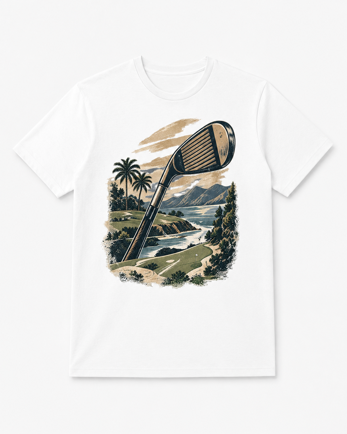 A white short-sleeve crewneck t-shirt featuring a large graphic print of a golf iron club head layered over a retro-style golf course landscape illustration with palm trees, mountains, and water.