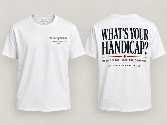 A white short-sleeve t-shirt shown from both the front and back against a light gray background. The front features small black text for 'The Golf Company LTD' and 'Chicago Match Week 2026'.