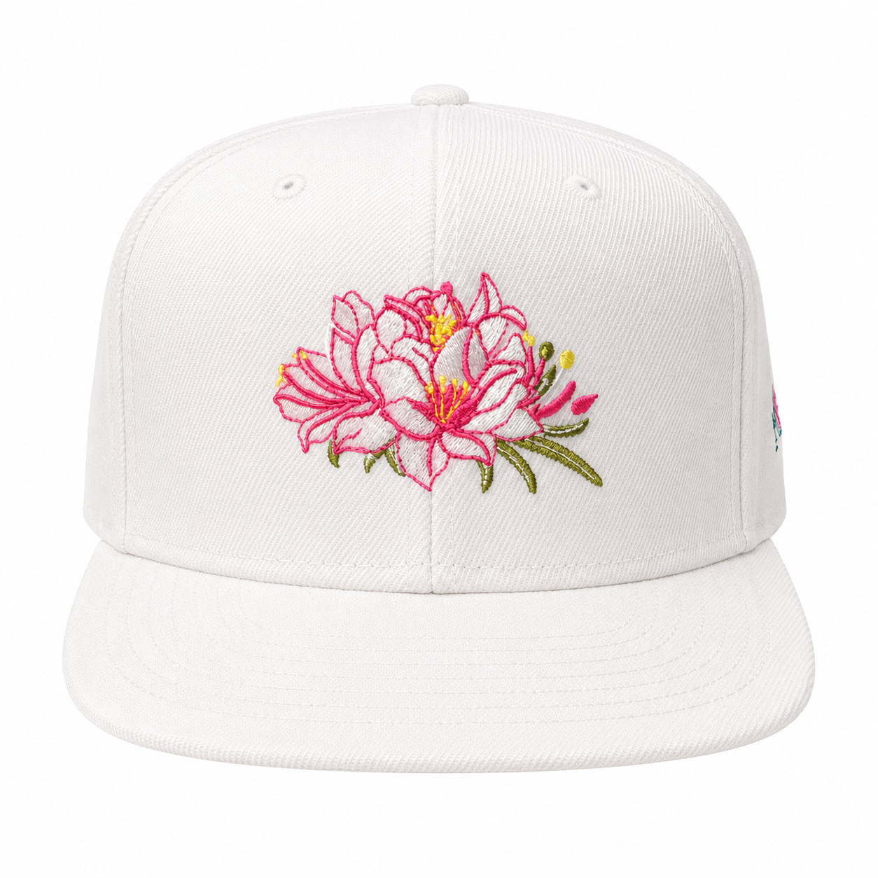 White cap with a pink floral embroidery on a white background