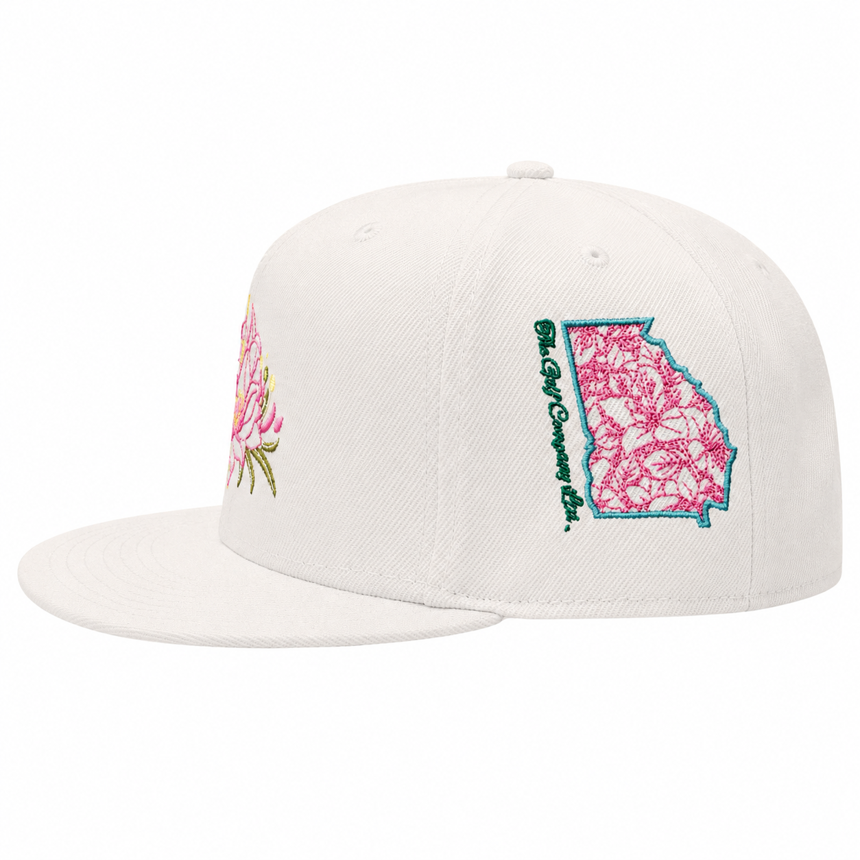 White cap with pink floral design and state outline on a white background
