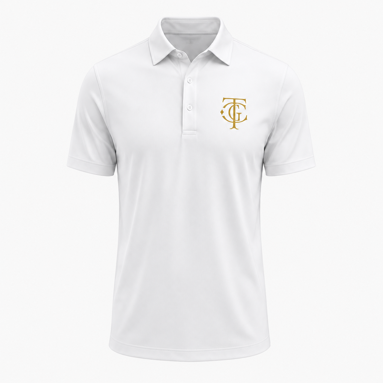 A white short-sleeve polo shirt with a two-button placket and a gold embroidered monogram logo on the left chest, displayed on a clean white background.