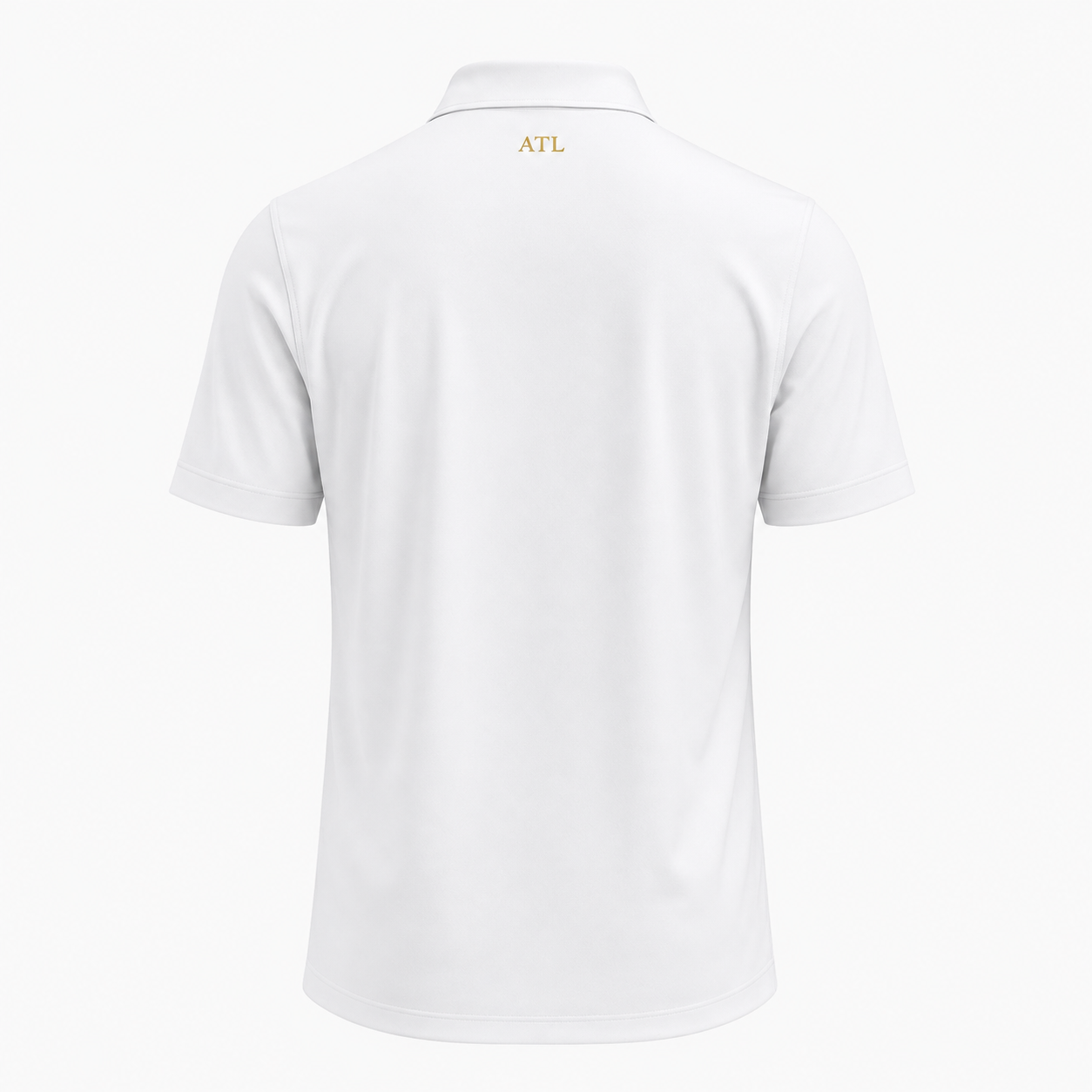 White short-sleeve polo shirt shown from the back, featuring a small gold 'ATL' logo centered below the collar, displayed on a clean white background.