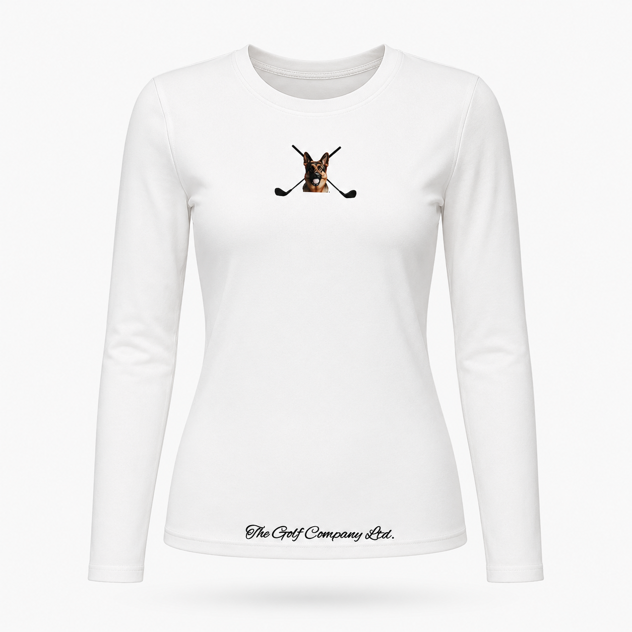 Women’s white athletic long sleeve fitted tee front view with Hudson, the German Shepherd and crossed clubs artwork by The Golf Company Ltd.