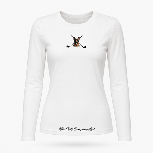 Women’s white athletic long sleeve fitted tee front view with Hudson, the German Shepherd and crossed clubs artwork by The Golf Company Ltd.