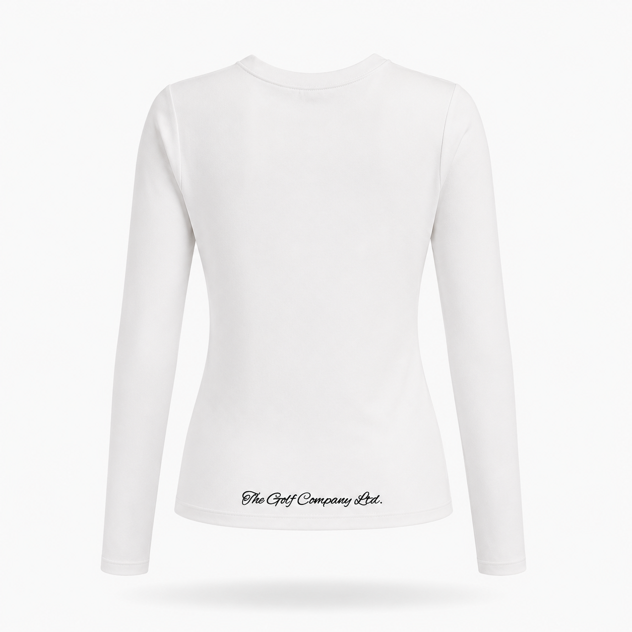 Women’s white athletic long sleeve fitted tee rear view with The Golf Company Ltd script logo near the lower back hem.