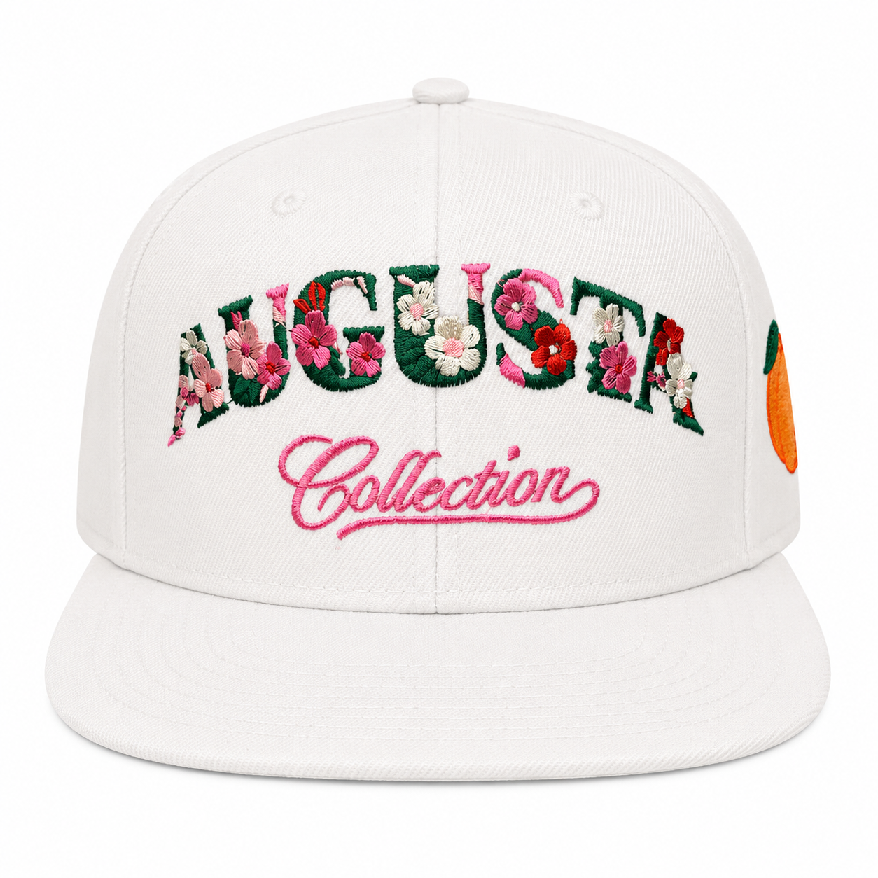 White cap with floral embroidered text on a white background