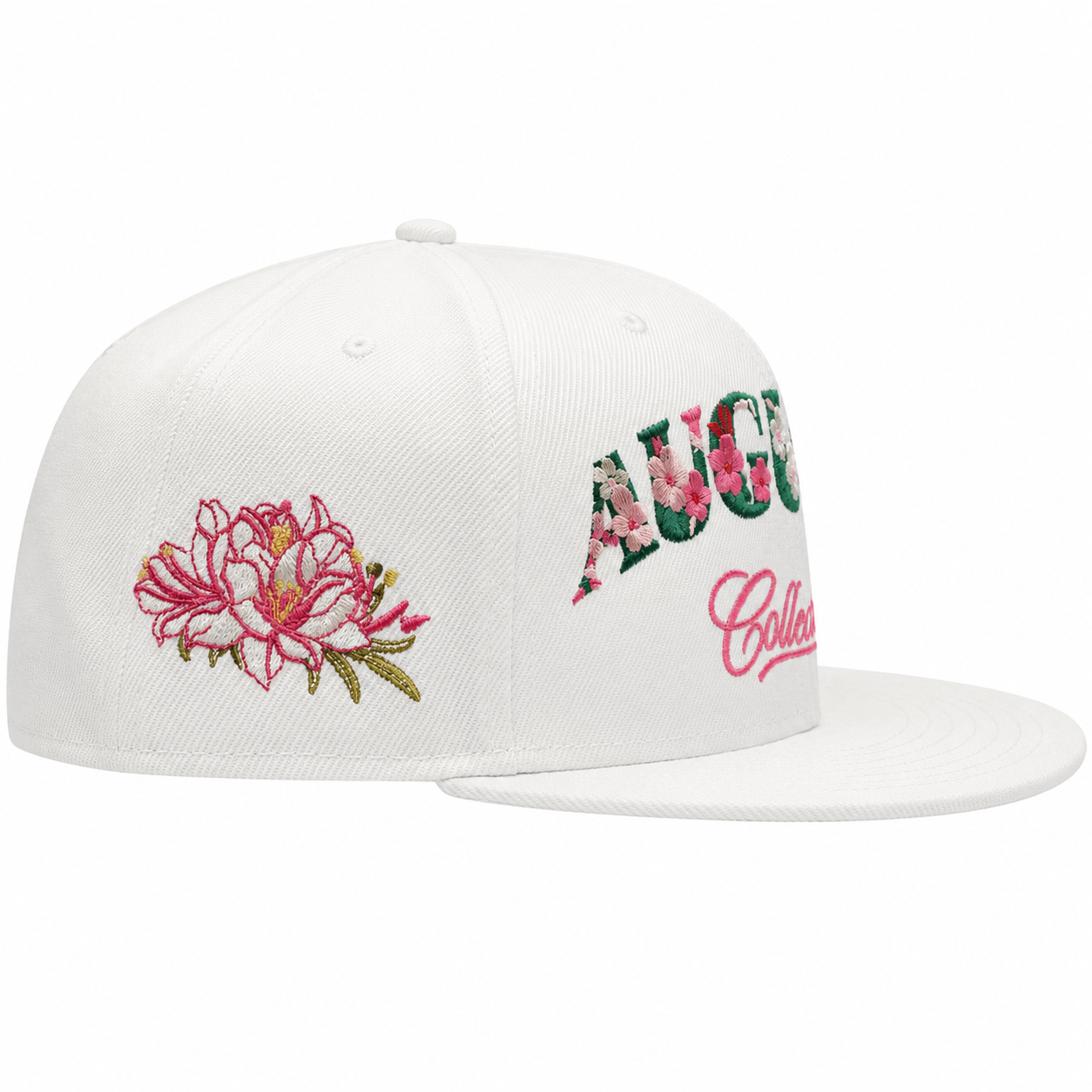 White cap with floral designs and text on a white background