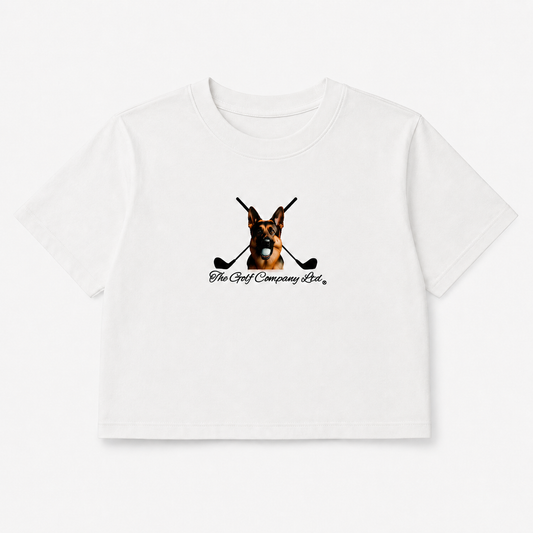 Women’s white heavyweight cropped boxy t-shirt front view with Hudson dog and crossed clubs logo by The Golf Company Ltd.