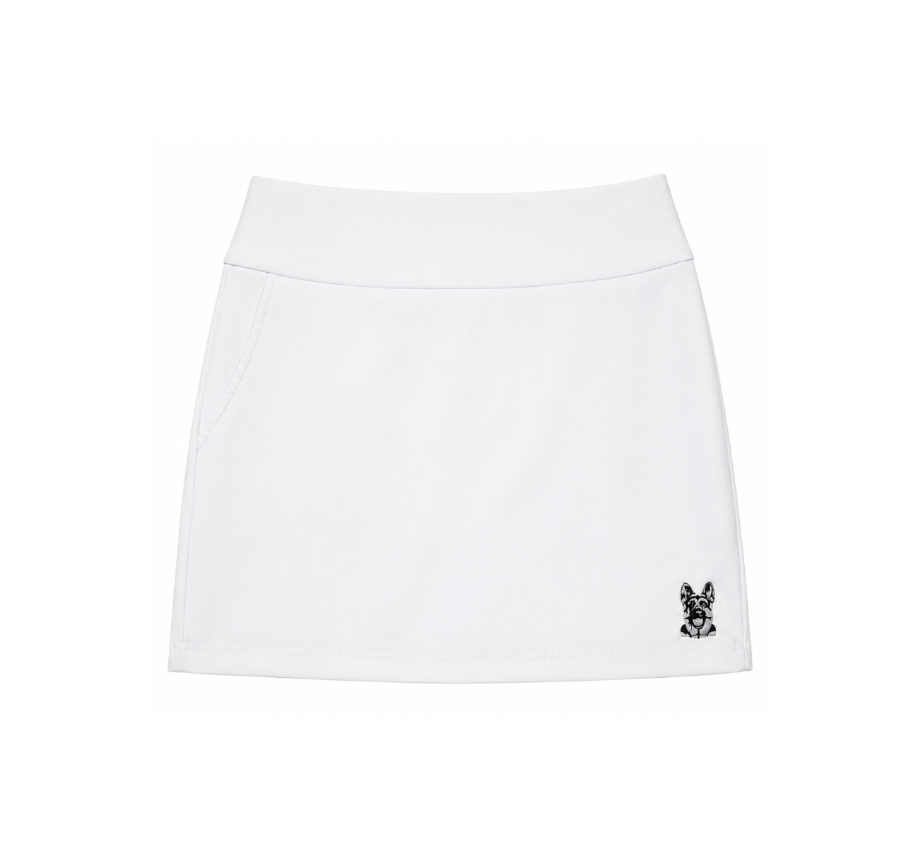 Women’s white performance golf skort front view with embroidered dog logo by The Golf Company Ltd.
