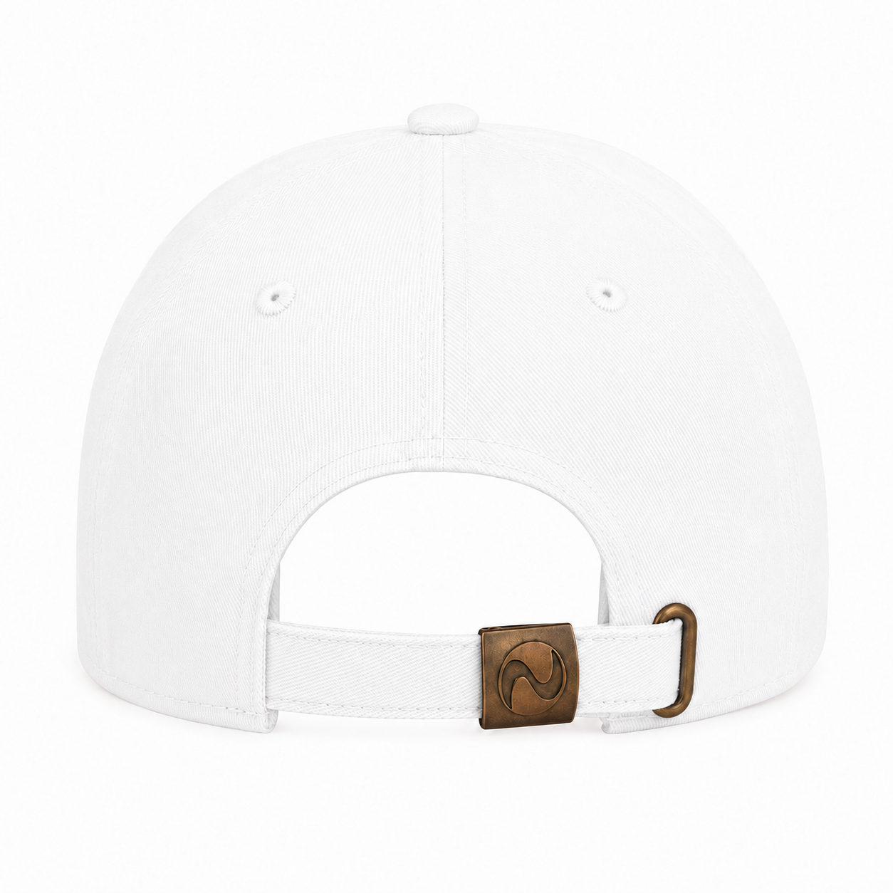 White cap with a brown leather strap and buckle on a white background