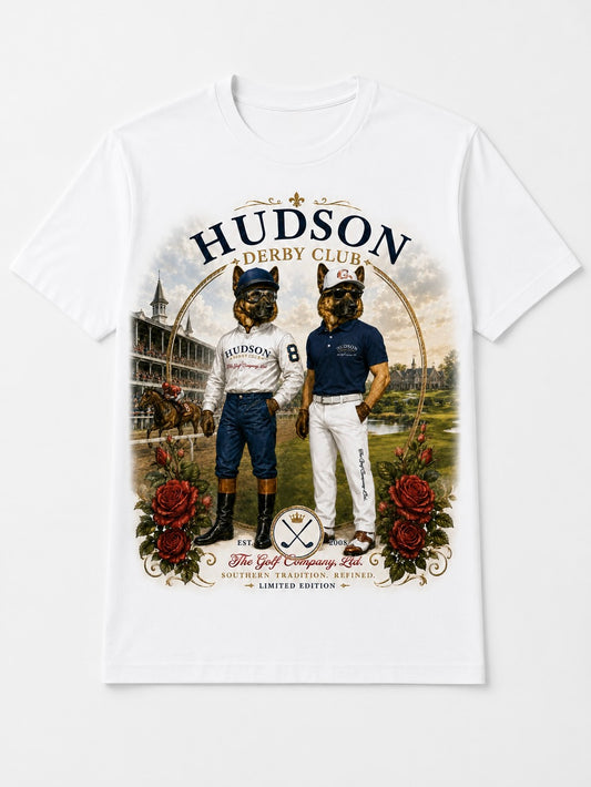 Hudson Derby Club limited-edition graphic tee in white by The Golf Company Ltd.