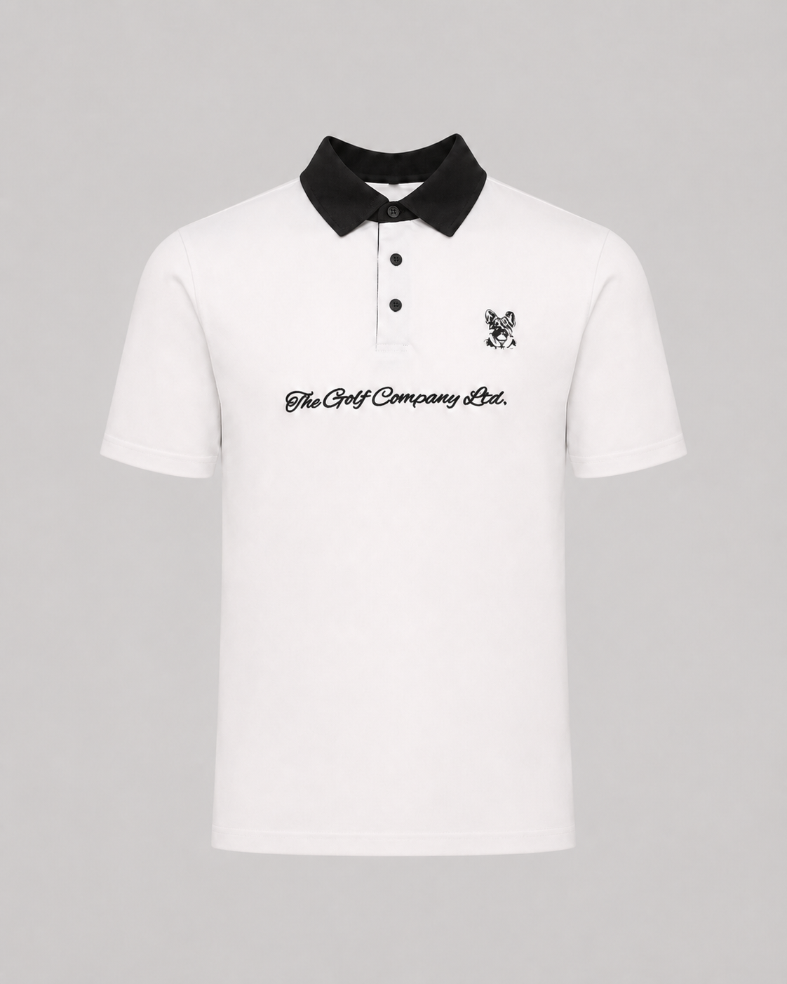 White Men’s Signature Performance Golf Shirt with black collar, black script logo, and Hudson chest detail.