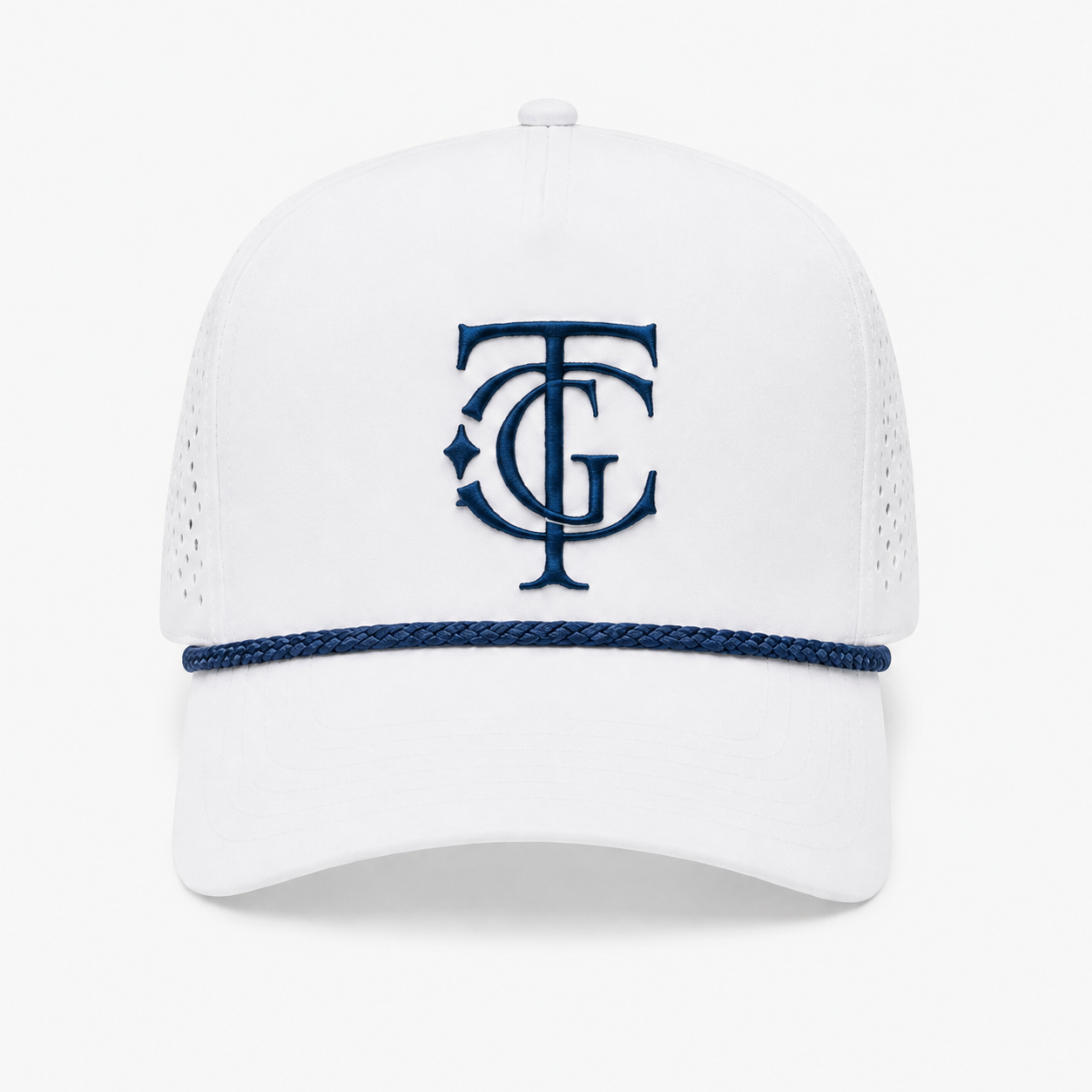 White TGC ATL Championship performance rope cap with navy embroidered monogram and navy rope detail