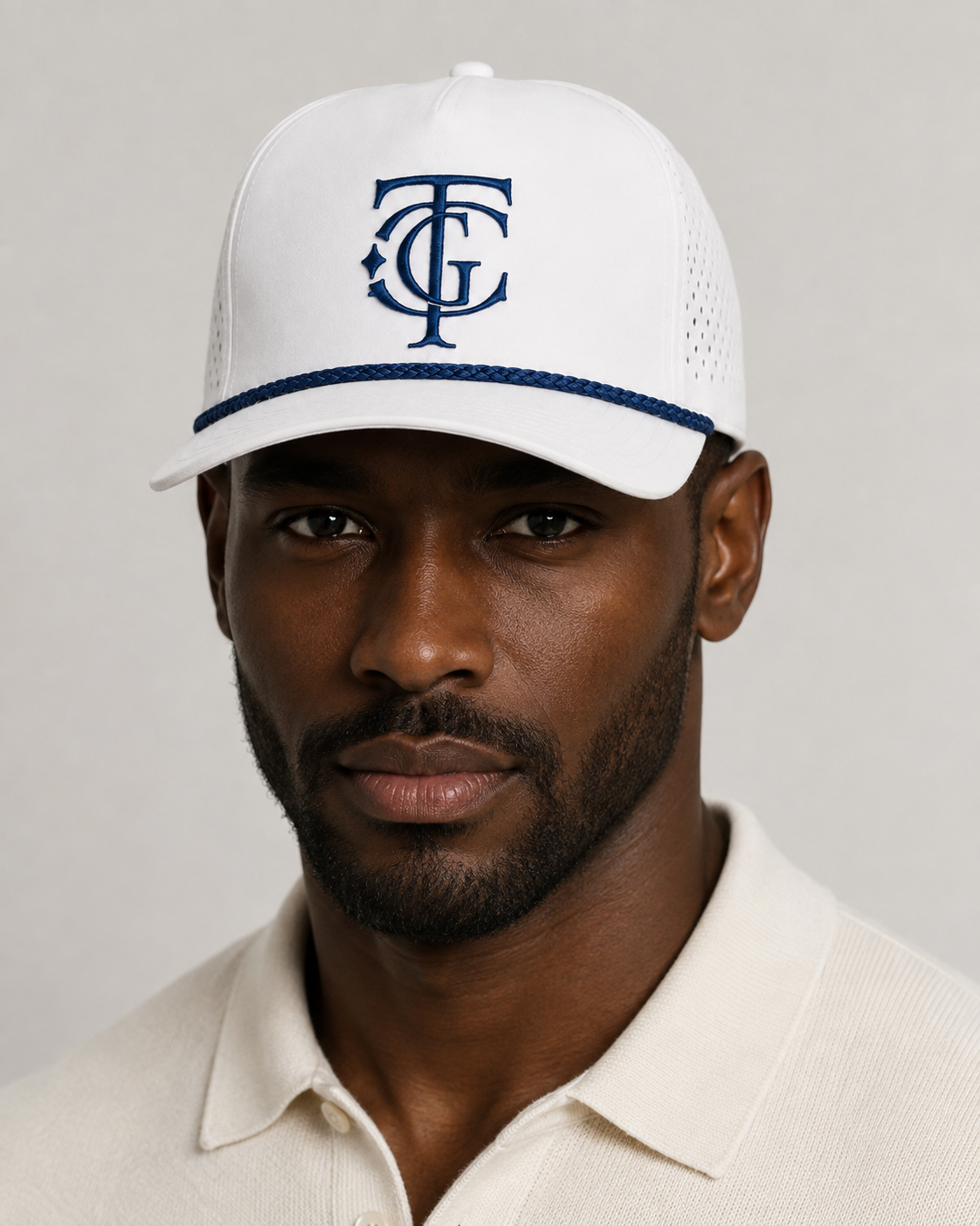 A man wearing a white baseball cap with a navy blue embroidered monogram logo on the front and a matching navy blue stripe along the brim, paired with a cream polo shirt against a light gray background.