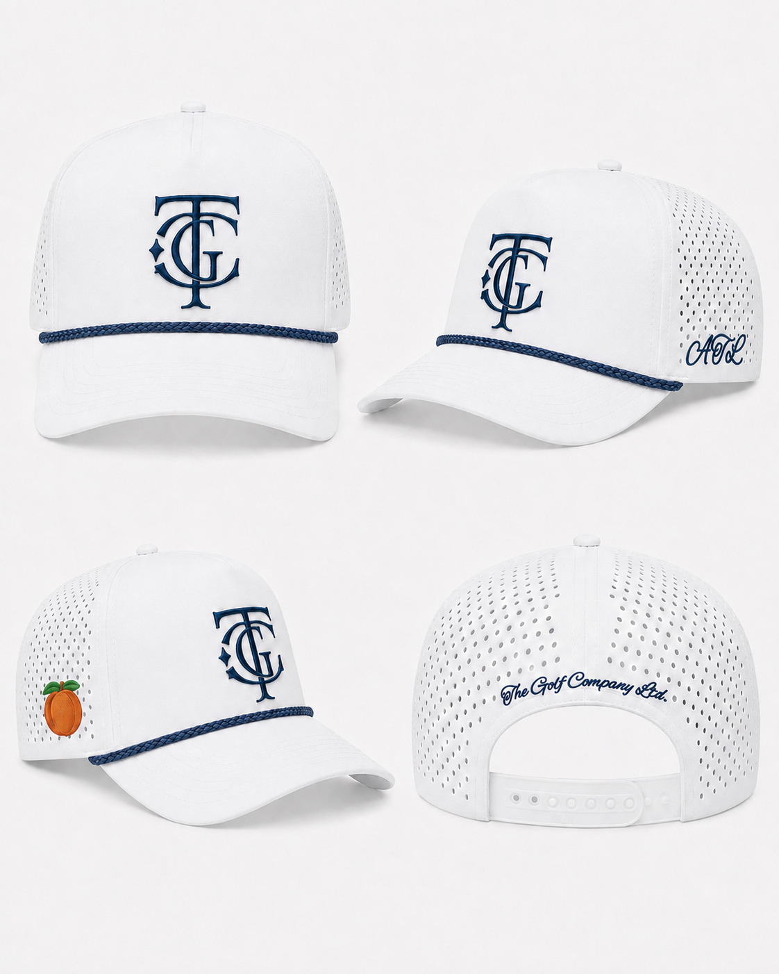 Four views of a white structured baseball cap with navy blue embroidered details, including a stylized 'TC' logo on the front, a navy stripe under the brim, script text on the side, and a small orange accent on the brim. The back view shows 'The Golf Company Ltd.