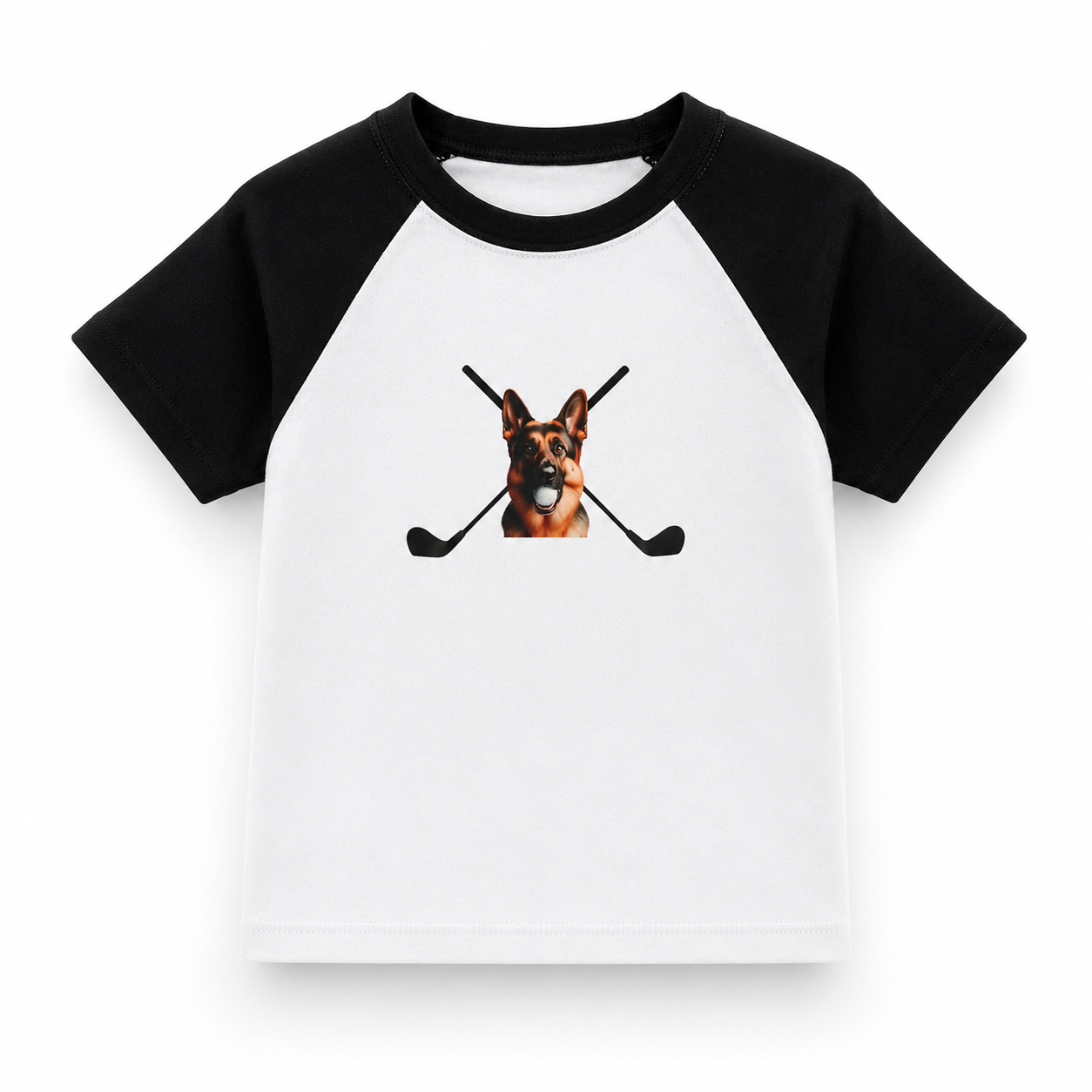 Women’s white and black raglan baby tee front view with Hudson, the German Shepherd and crossed clubs artwork by The Golf Company Ltd.