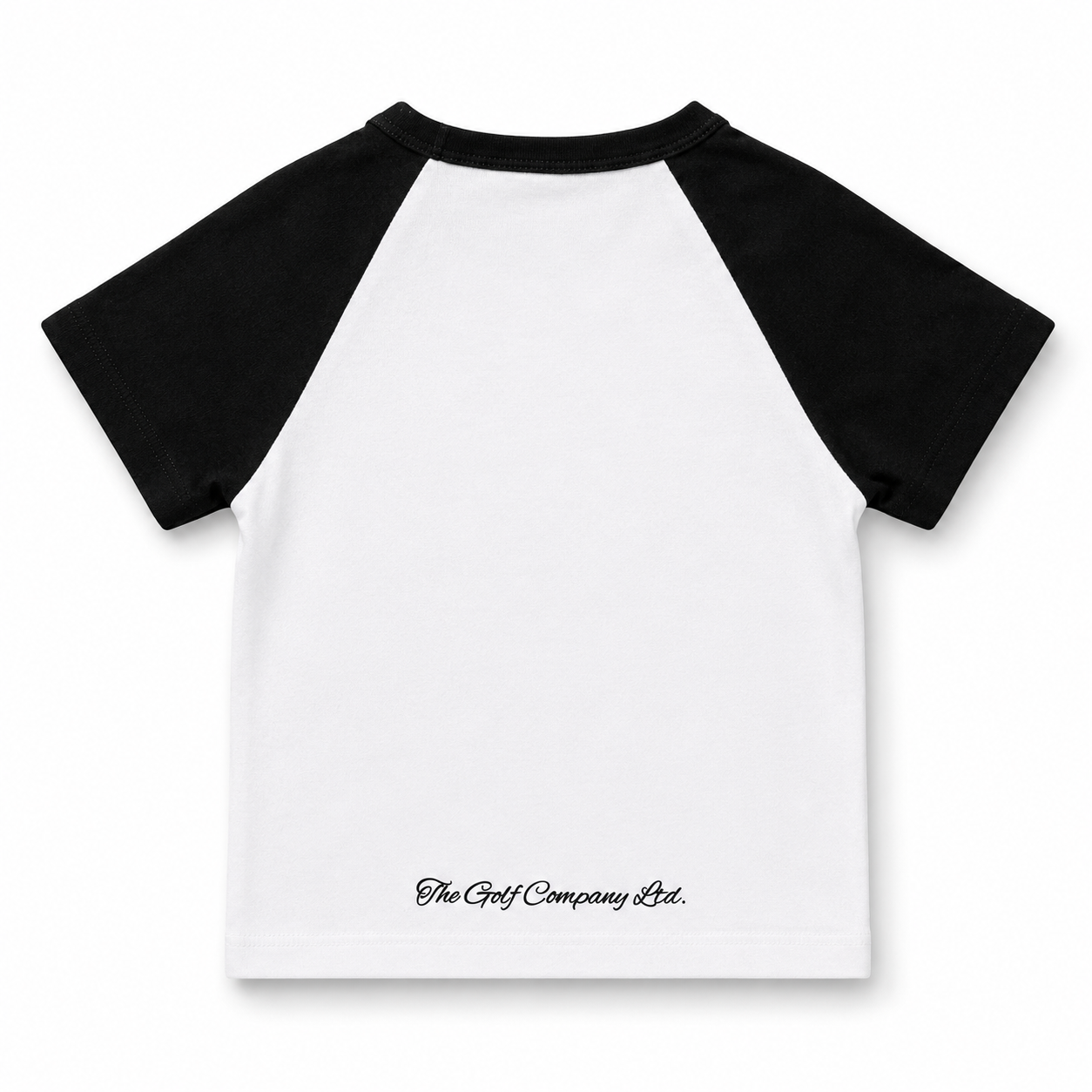 Women’s white and black raglan baby tee rear view with The Golf Company Ltd script logo near the lower back hem.