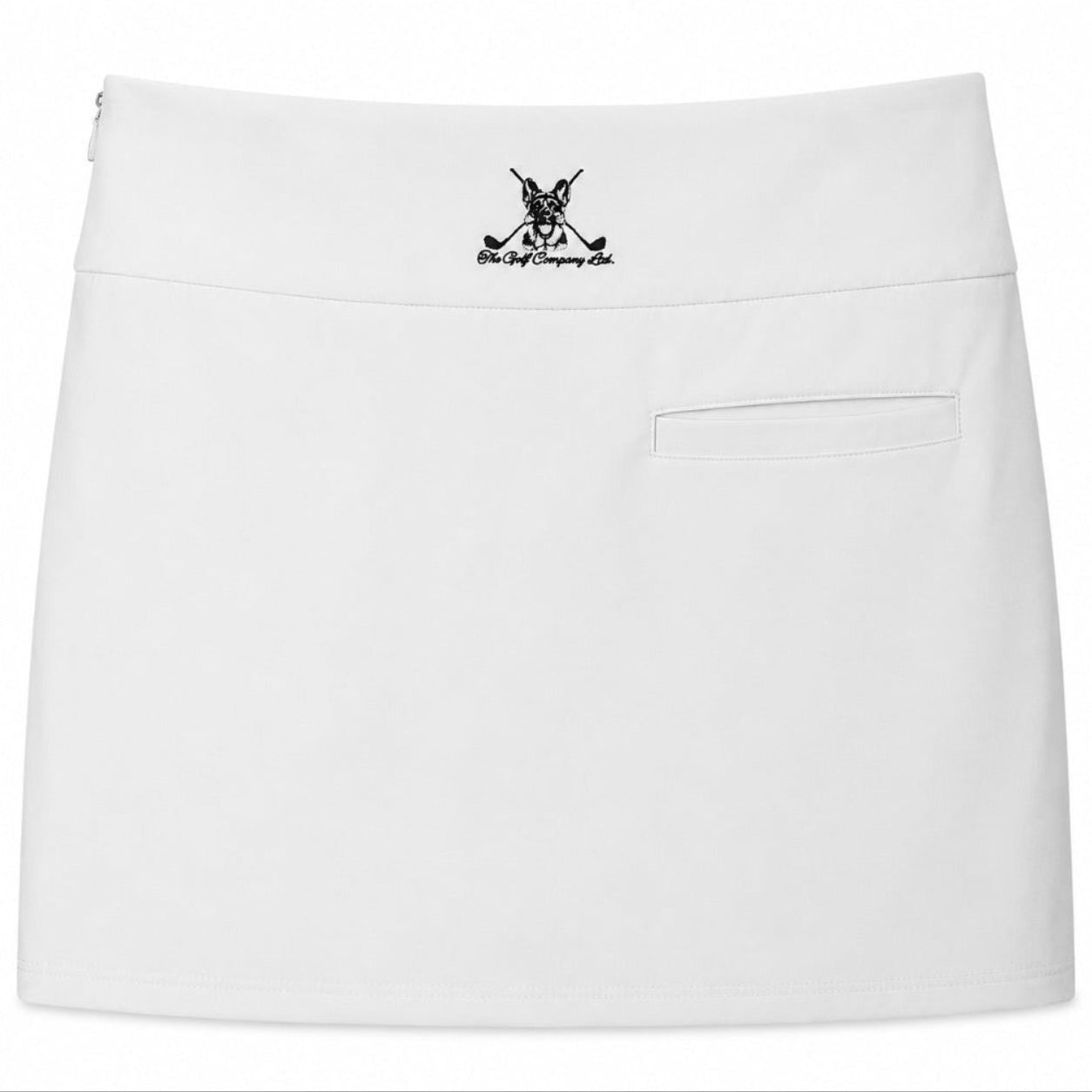 Women’s white performance golf skort rear view with waistband logo, rear pocket, and zipper detail