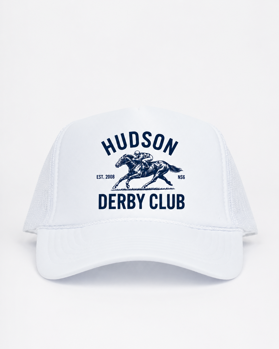 Hudson Derby Club white trucker cap front view with navy horse-and-jockey artwork by The Golf Company Ltd.