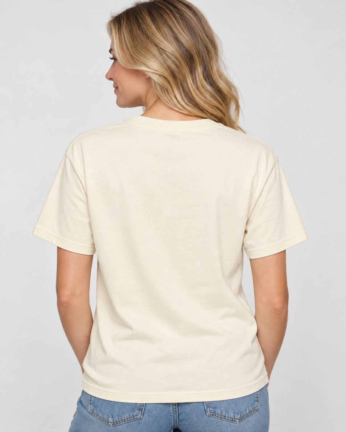 Back view of a white female model wearing the cream Presidential Foursome Club Rules Tee, showing the clean blank back and classic short-sleeve silhouette.