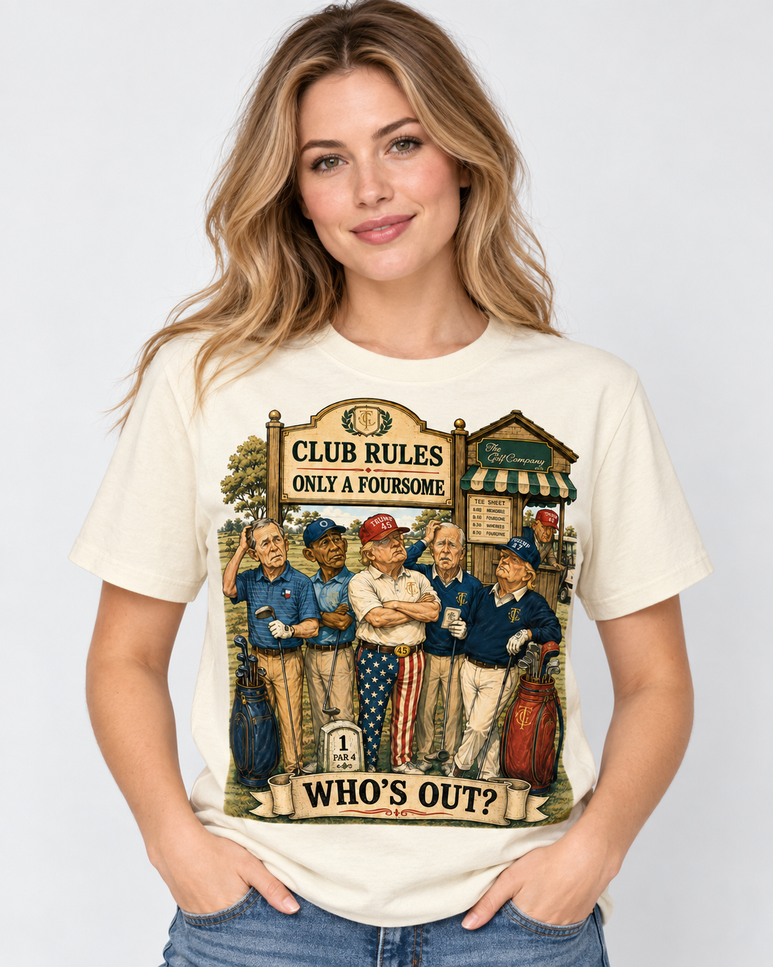 Front view of a white female model wearing the cream Presidential Foursome Club Rules Tee, featuring the detailed “Only a Foursome — Who’s Out?” vintage golf graphic.