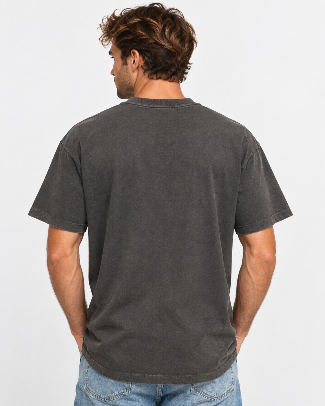 Back view of a white male model wearing the vintage gray Presidential Foursome Club Rules Tee, showing the clean blank back and relaxed short-sleeve fit.