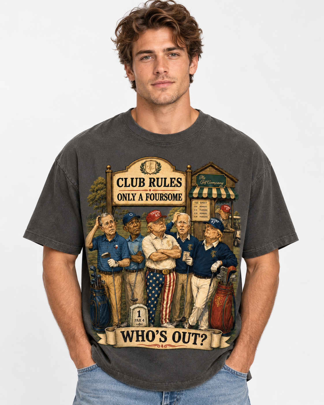 Front view of a white male model wearing the vintage gray Presidential Foursome Club Rules Tee, featuring the detailed “Only a Foursome — Who’s Out?” golf graphic.