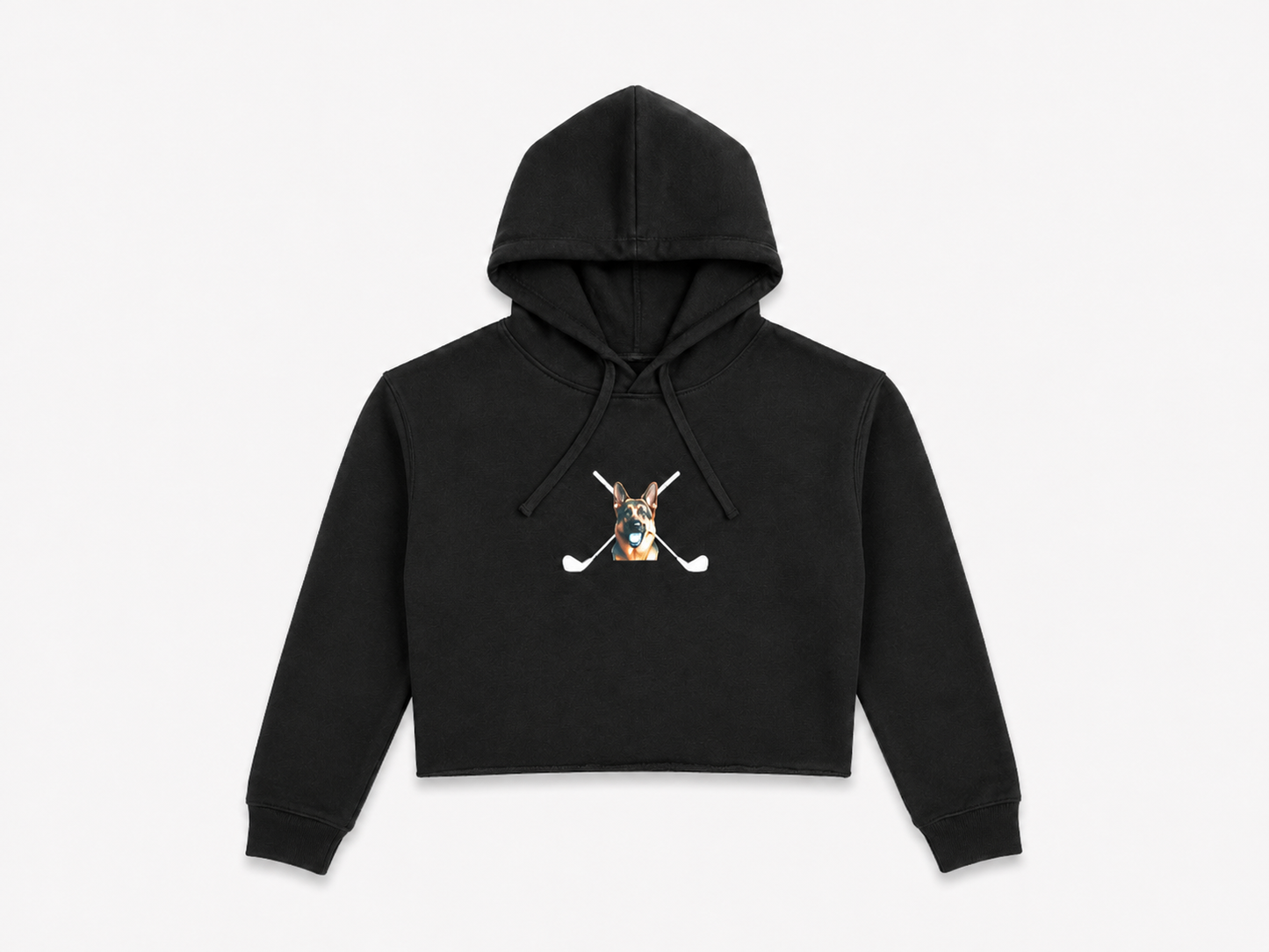 Women’s black crop hoodie front view with Hudson dog and crossed clubs logo by The Golf Company Ltd.