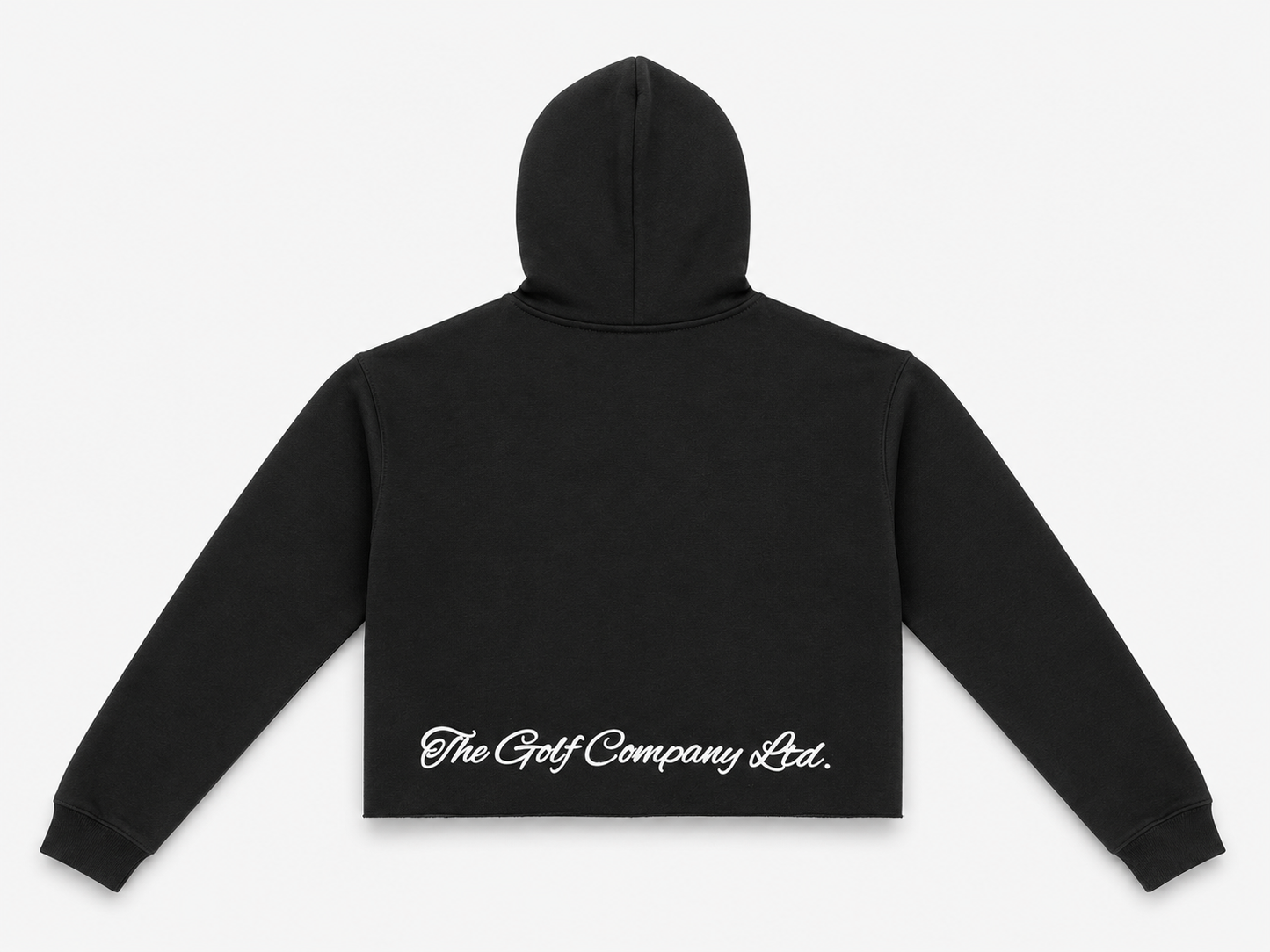 Women’s black crop hoodie rear view with white The Golf Company Ltd script logo.