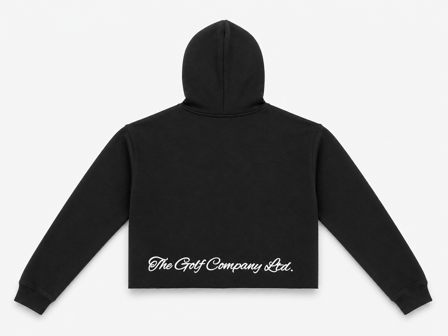 Women’s black crop hoodie rear view with white The Golf Company Ltd script logo.