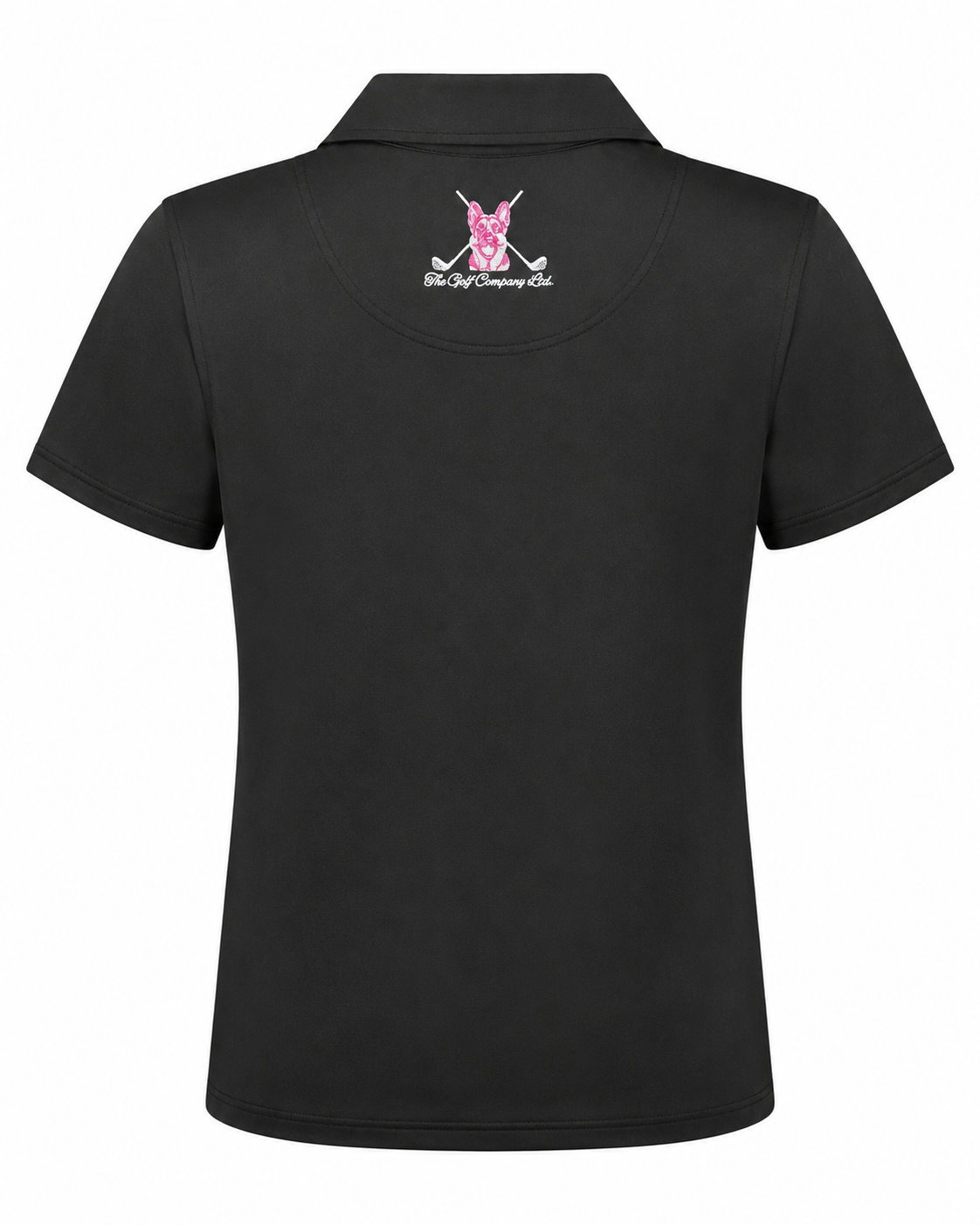 Women’s black performance golf polo rear view with pink and white embroidered The Golf Company Ltd logo.
