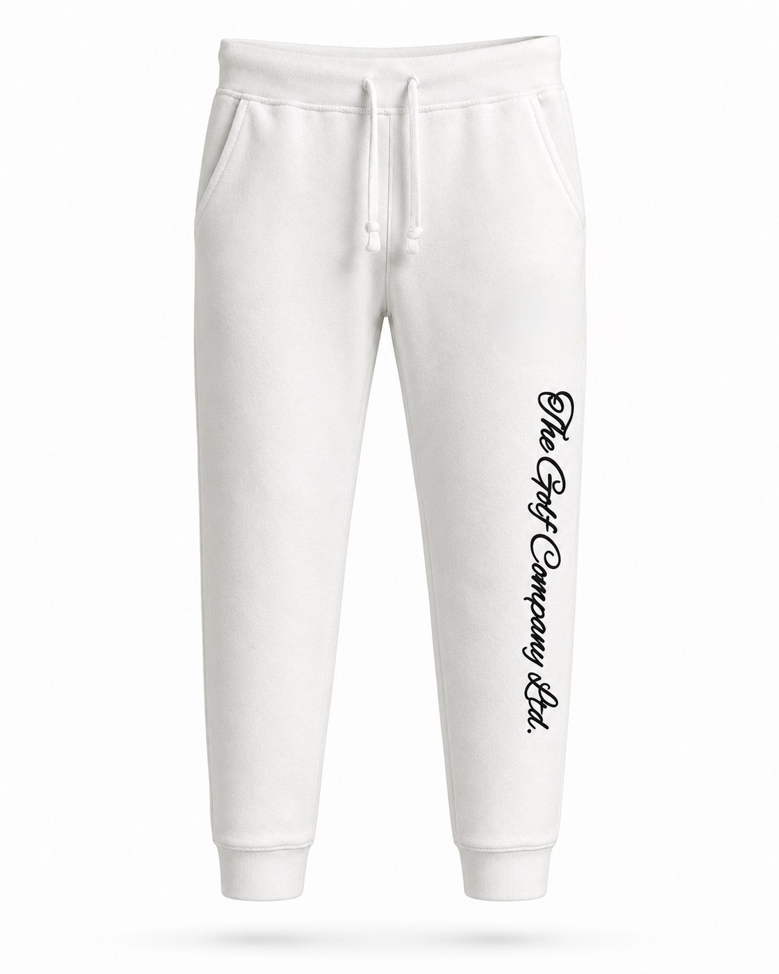 Women’s white premium fleece jogger front view with The Golf Company Ltd script typography on the leg.