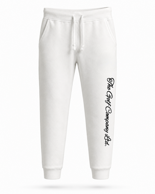 Women’s white premium fleece jogger front view with The Golf Company Ltd script typography on the leg.